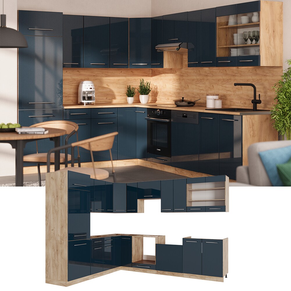 Vicco Eckküche Fame-Line Eiche Dunkelblau Hochglanz 287x227 cm mit Arbeitsplatte Eiche