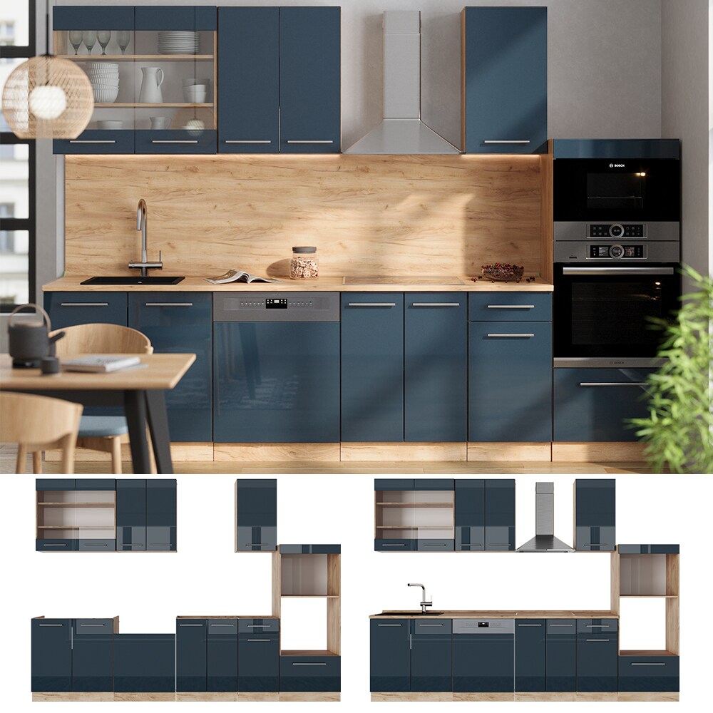 Vicco Küchenzeile Fame-Line Eiche Dunkelblau Hochglanz 300 cm mit Arbeitsplatte Anthrazit