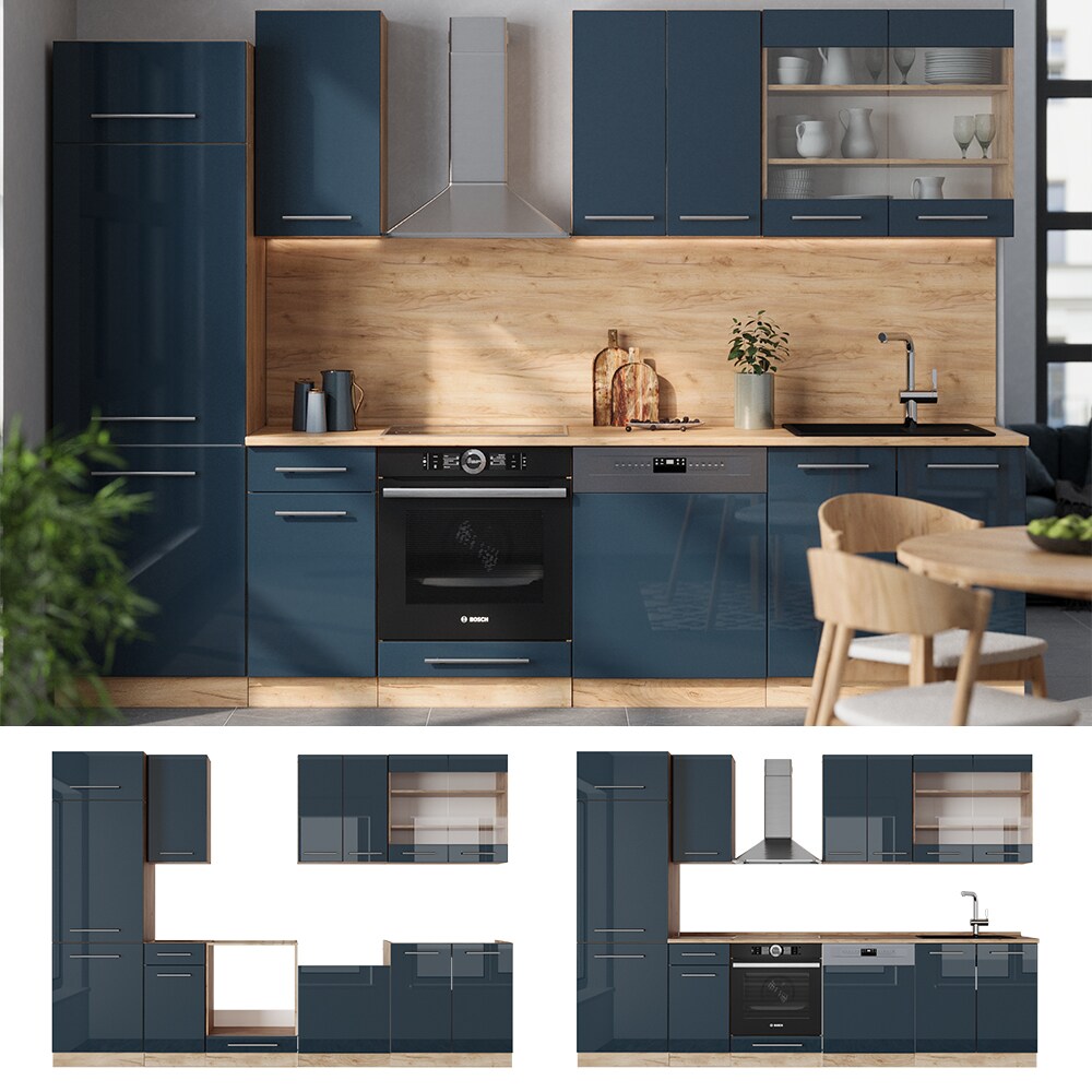 Vicco Küchenzeile Fame-Line Eiche Dunkelblau Hochglanz 300 cm mit Arbeitsplatte Weiß-Marmor