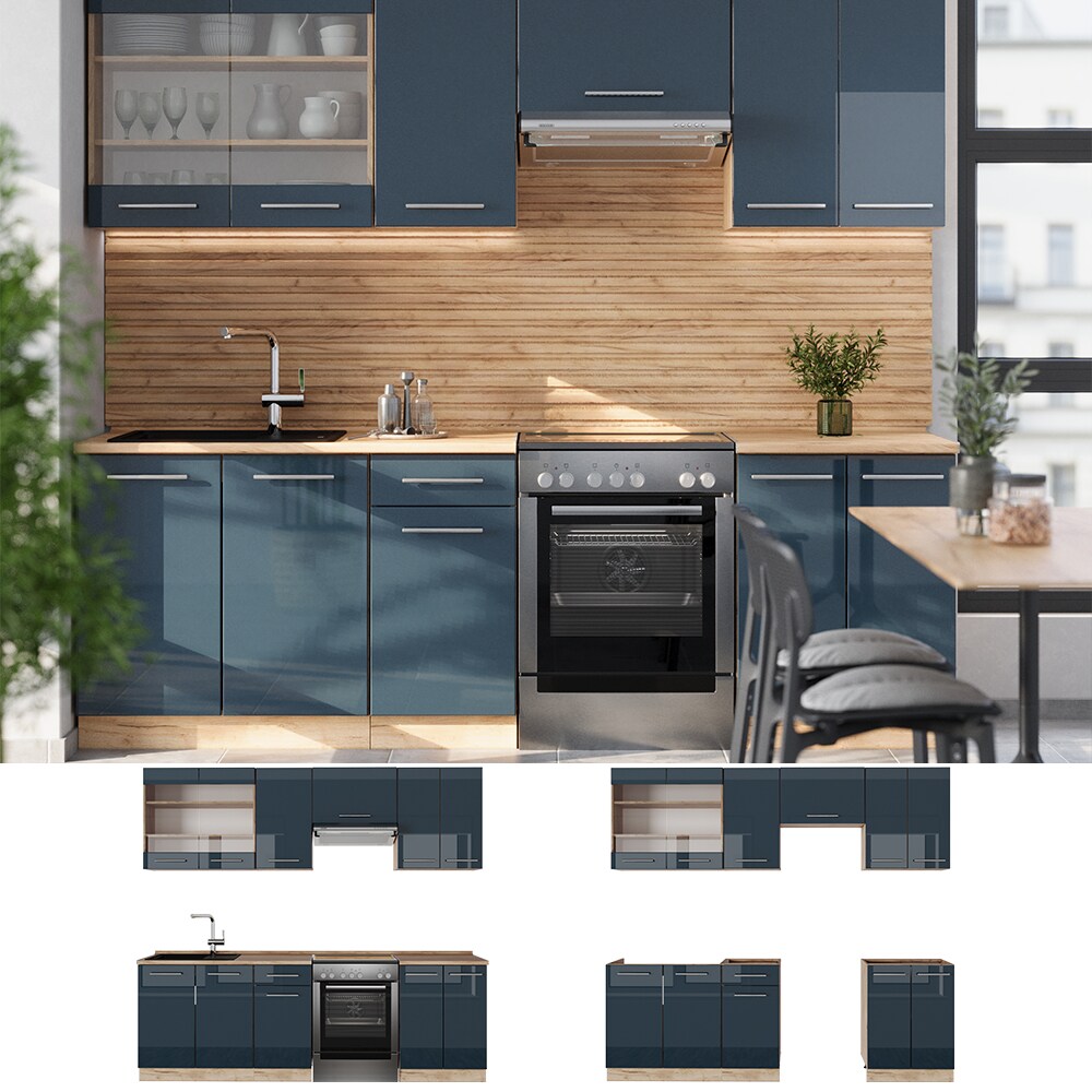 Vicco Küchenzeile Fame-Line Eiche Dunkelblau Hochglanz 240 cm mit Arbeitsplatte Eiche