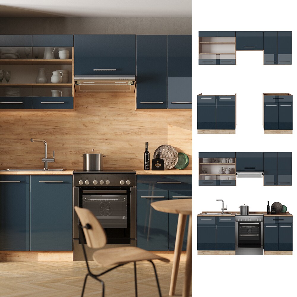Vicco Küchenzeile Fame-Line Eiche Dunkelblau Hochglanz 200 cm mit Arbeitsplatte Eiche