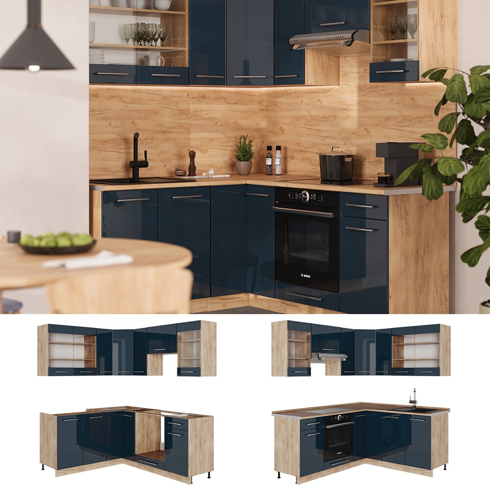 Vicco Eckküche Fame-Line Eiche Dunkelblau Hochglanz 160 x 190 cm mit Arbeitsplatte Anthrazit