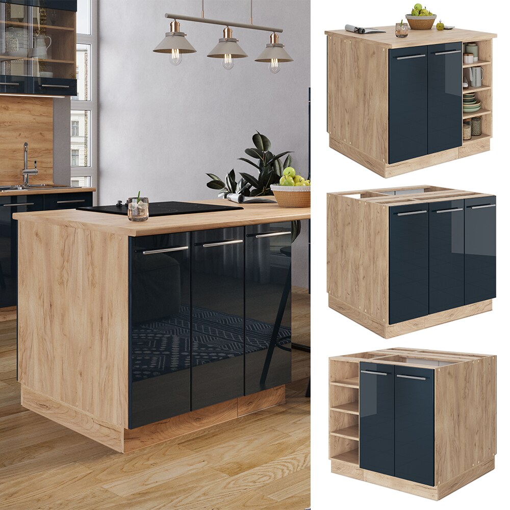 Vicco K&uuml;cheninsel Fame-Line Eiche Dunkelblau Hochglanz 90 cm geschlossen - Bild 1