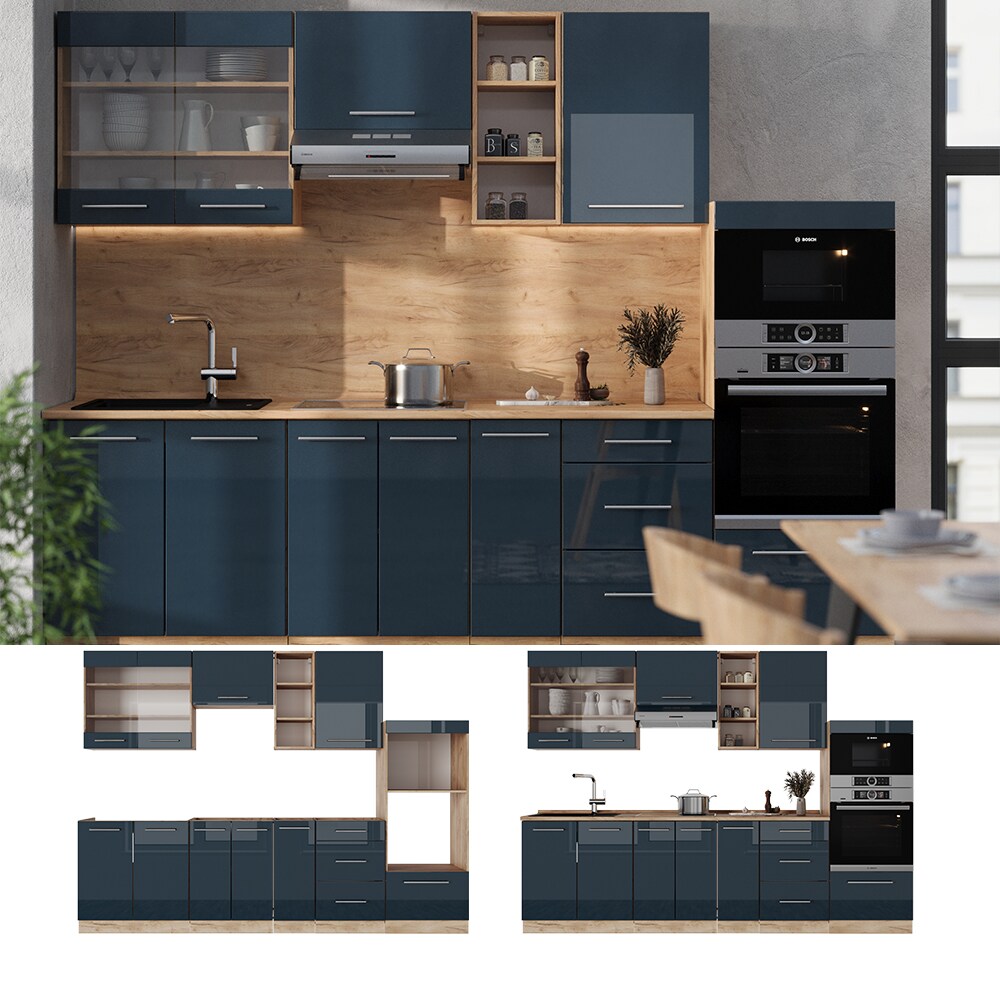 Vicco Küchenzeile Fame-Line Eiche Dunkelblau Hochglanz 280 cm ohne Arbeitsplatte