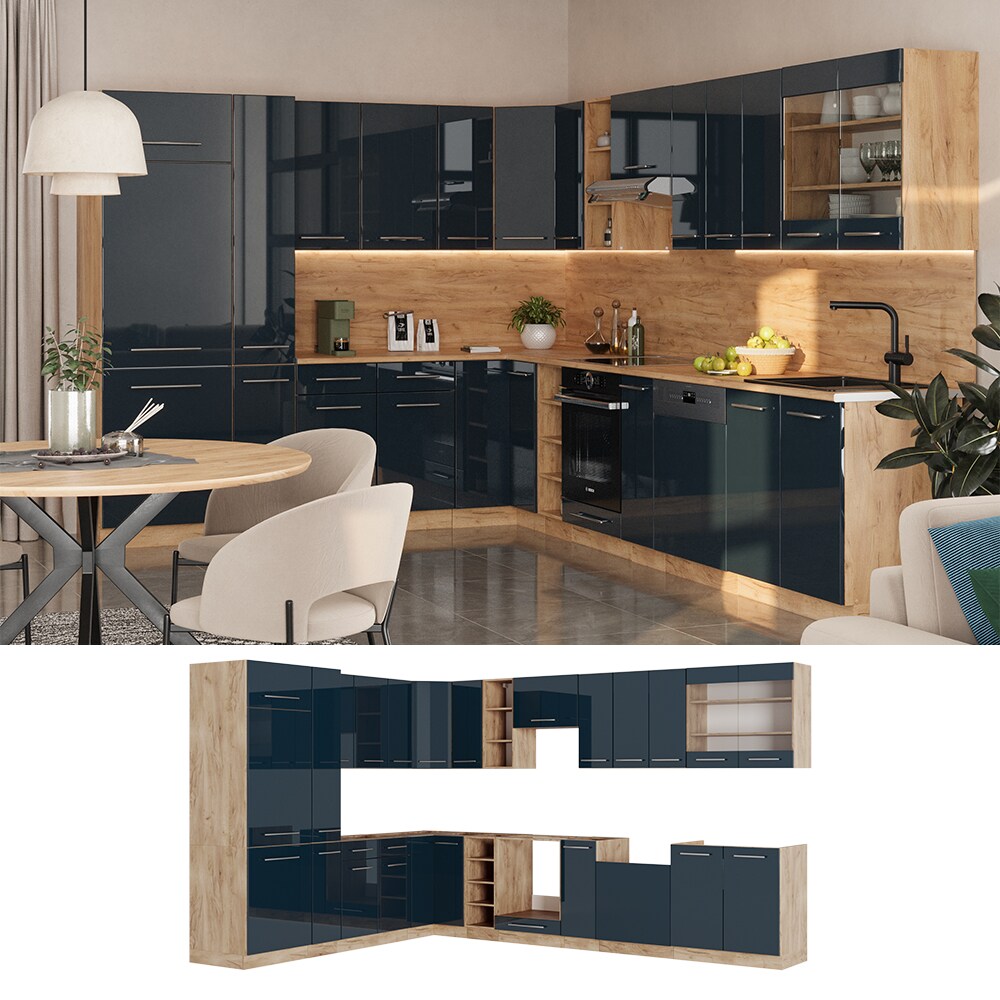 Vicco Eckküche Fame-Line Eiche Dunkelblau Hochglanz 257x347 cm ohne Arbeitsplatte