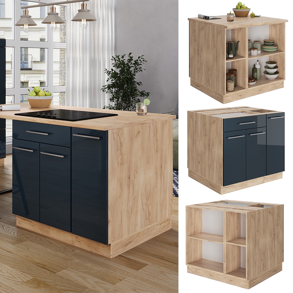 Vicco K&uuml;cheninsel Fame-Line Eiche Dunkelblau Hochglanz 90 cm offen - Bild 1