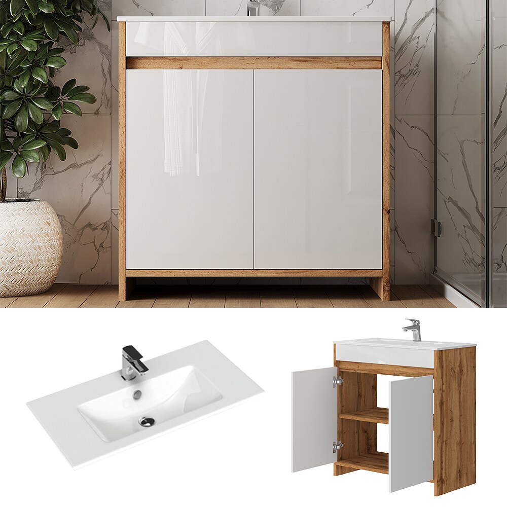 Vicco Waschbecken mit Unterschrank Lemgo Eiche Weiß 80 cm | 04066731415533