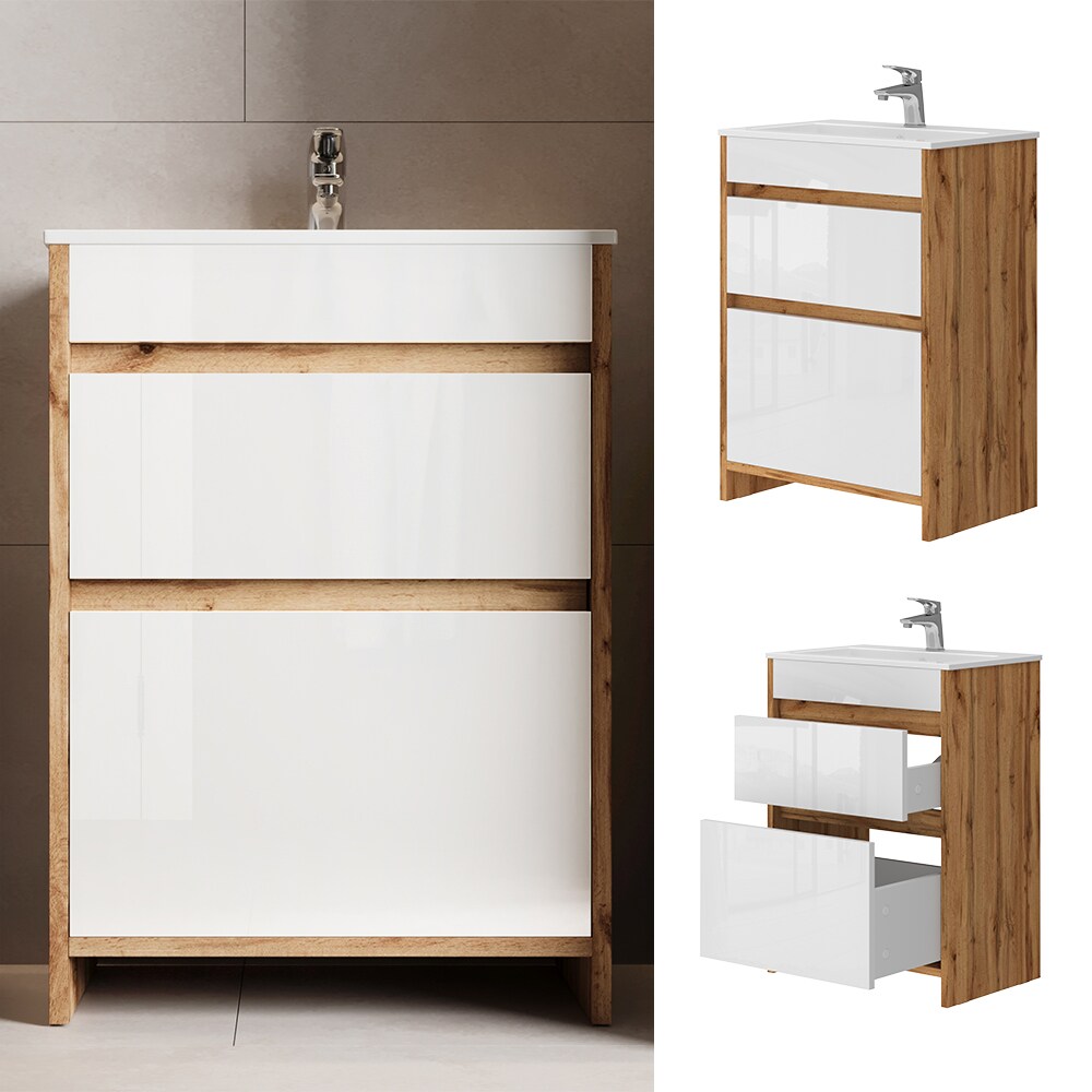 Vicco Waschbecken mit Unterschrank Detmold Eiche Weiß 60 cm
