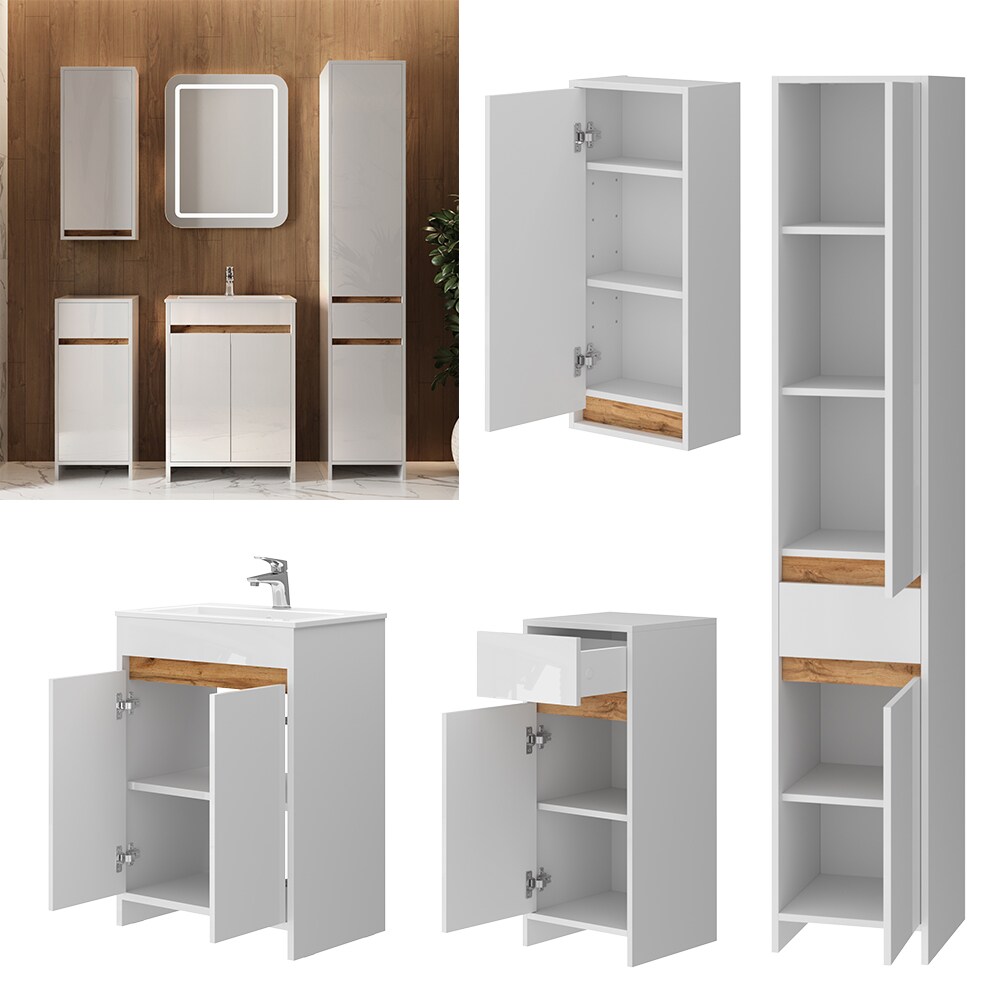 Vicco Badm&ouml;bel-Set Lemgo Wei&szlig; Hochglanz Eiche 60 cm 5 Teile - Bild 1