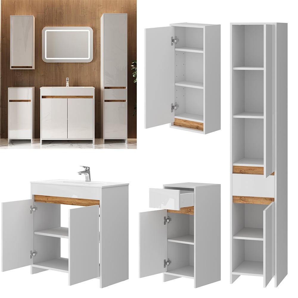 Vicco Badm&ouml;bel-Set Lemgo Wei&szlig; Hochglanz Eiche 80 cm 5 Teile - Bild 1