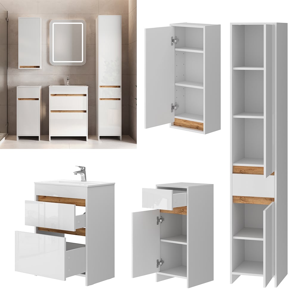 Vicco Badm&ouml;bel-Set Detmold Wei&szlig; Hochglanz Eiche 60 cm 5 Teile - Bild 1