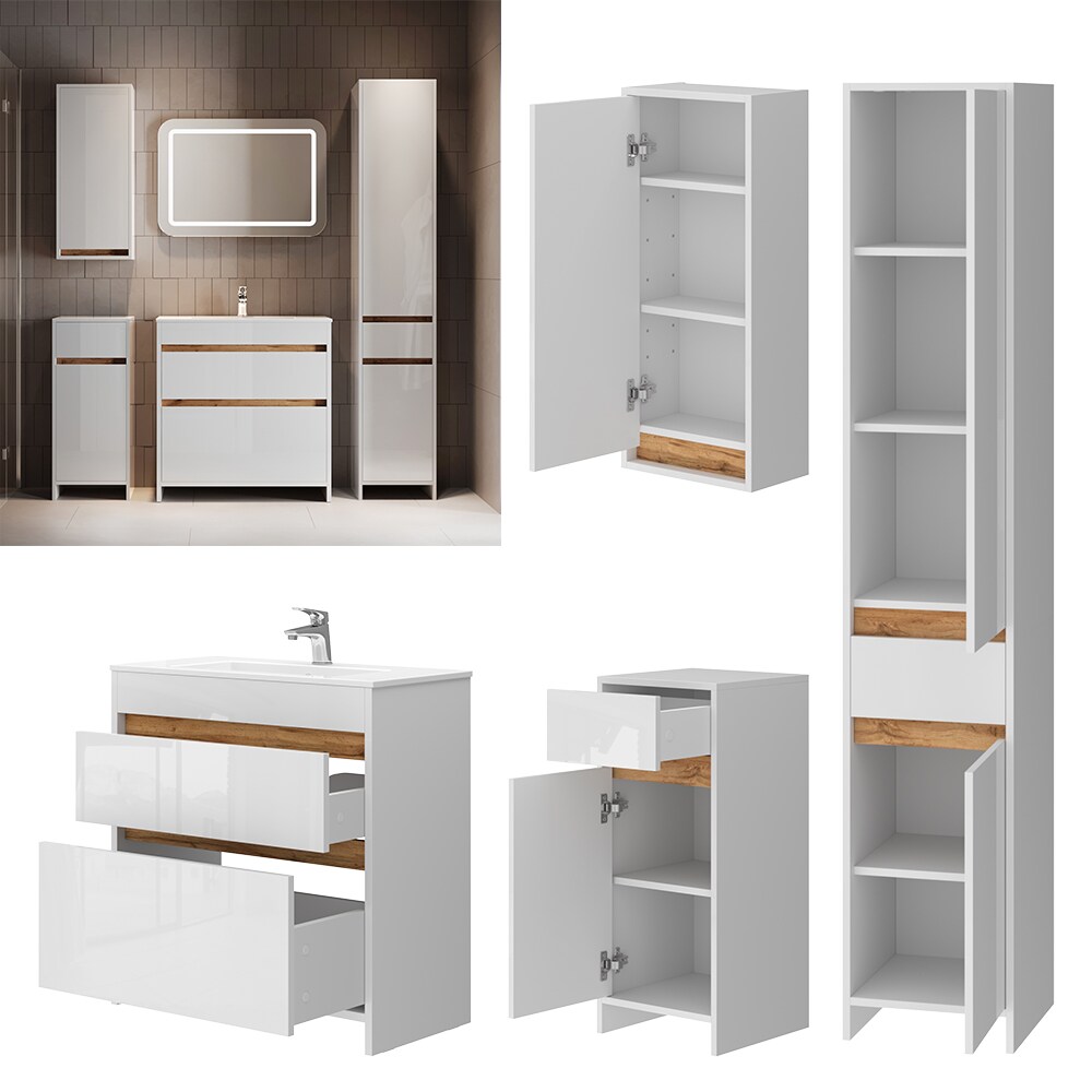 Vicco Badm&ouml;bel-Set Detmold Wei&szlig; Hochglanz Eiche 80 cm 5 Teile - Bild 1