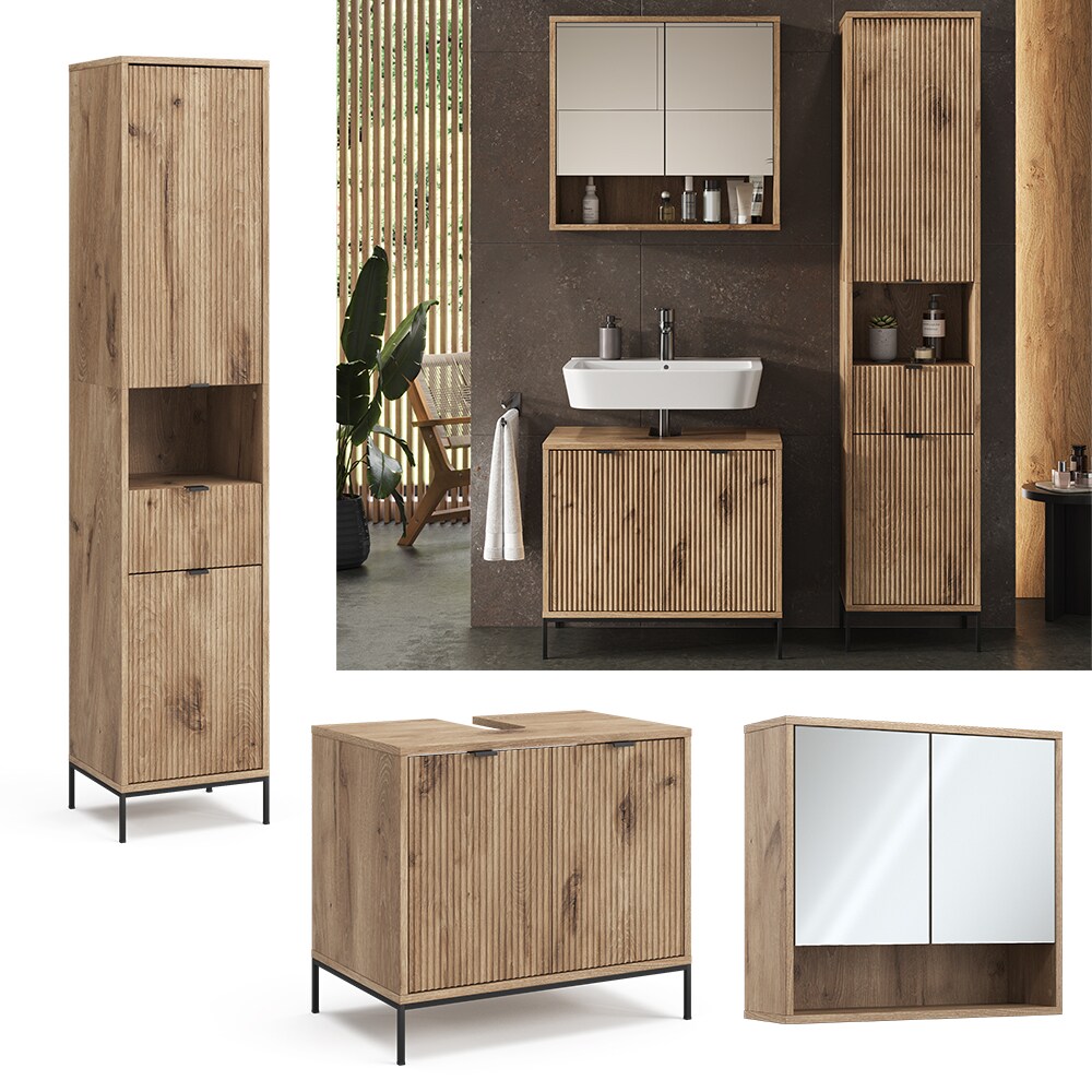 Vicco - Ensemble de meubles de salle de bain Eliza, Chêne Viking, 3 pièces, avec armoire haute