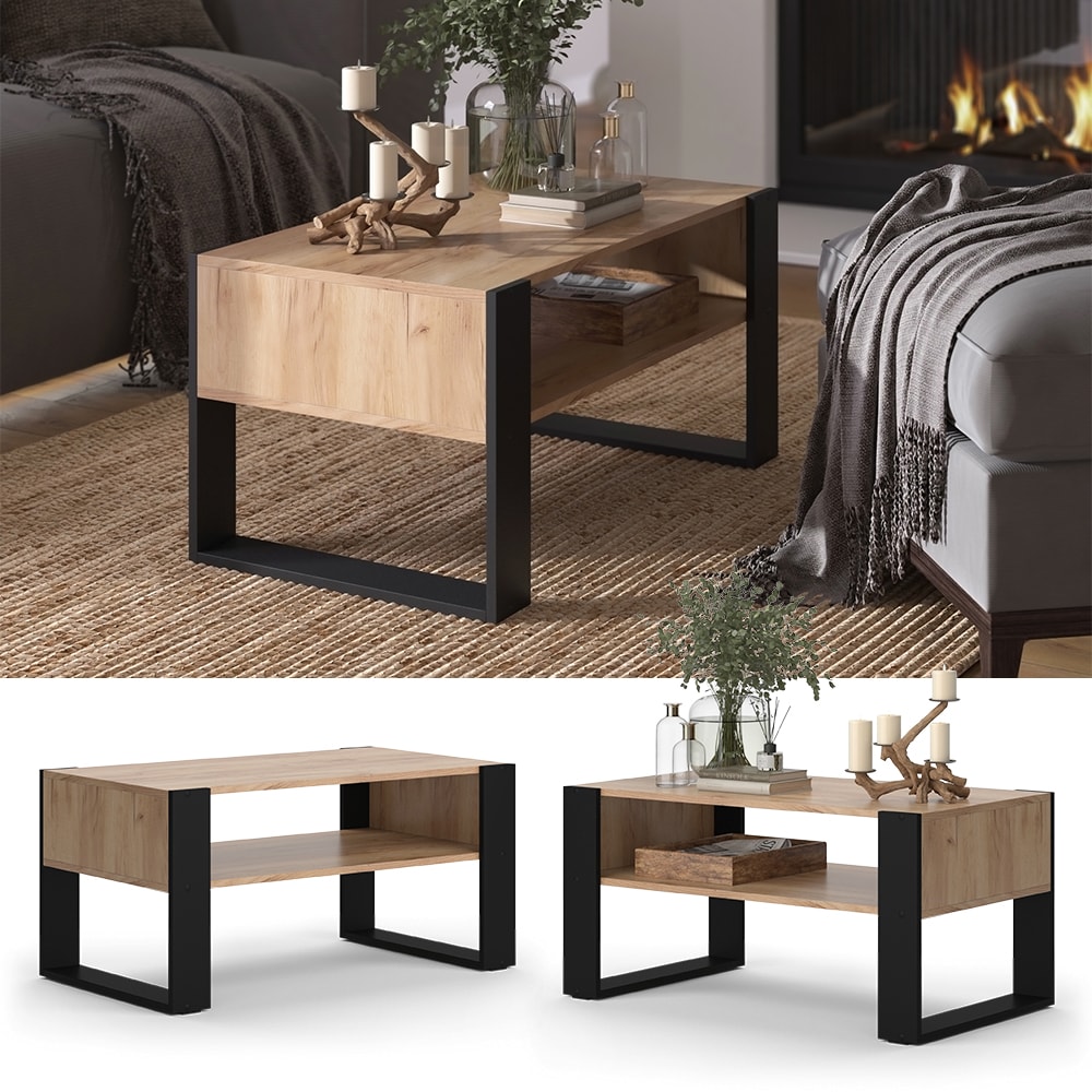 Vicco Couchtisch Olli Eiche Schwarz 92 x 45,6 cm mit Ablage - Bild 1