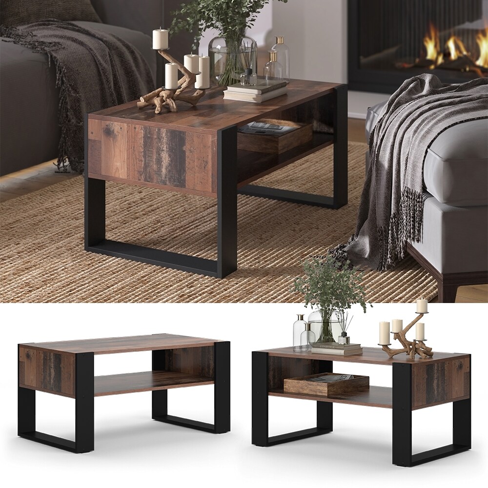 Vicco Couchtisch Olli Antikholz-Optik Schwarz 92 x 45,6 cm mit Ablage