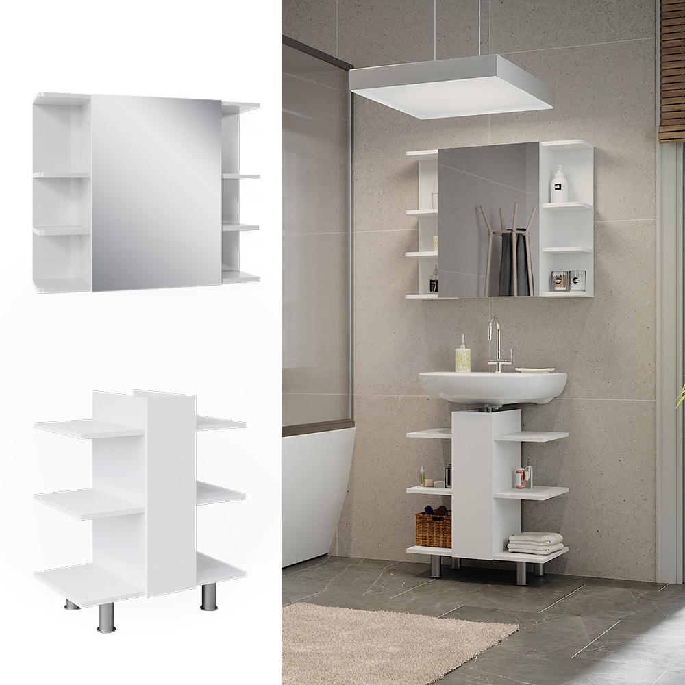 Vicco Badm&ouml;bel-Set Fynn Wei&szlig; 2 Teile Waschbeckenunterschrank und Badspiegelschrank - Bild 1