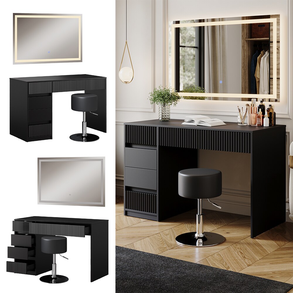 Vicco Schminktisch Omira Schwarz 120 cm mit LED-Spiegel und Hocker - Bild 1