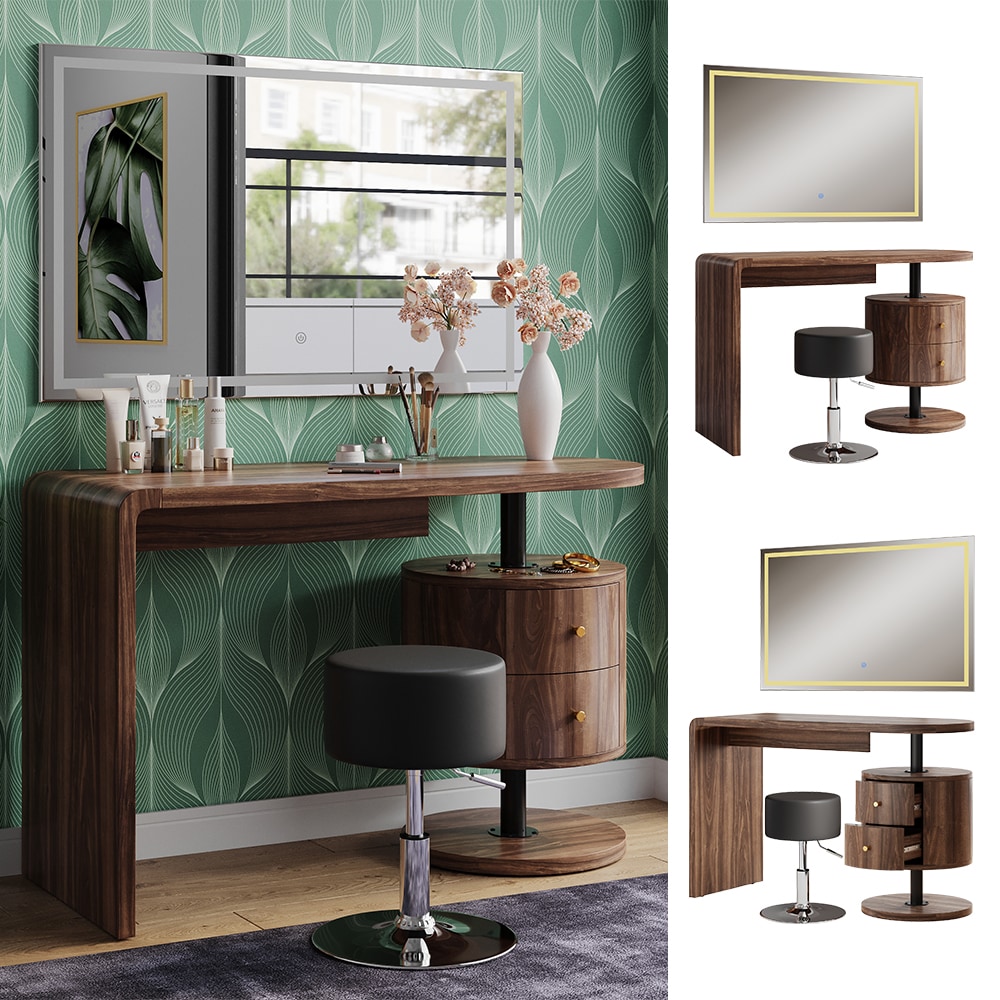 Vicco Schminktisch Lara Eiche rustikal 120 cm mit LED-Spiegel und Hocker - Bild 1