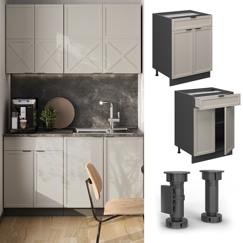 Vicco Schubunterschrank Fame-Line Anthrazit Grau-Beige gerahmt 60 cm mit Arbeitsplatte Eiche