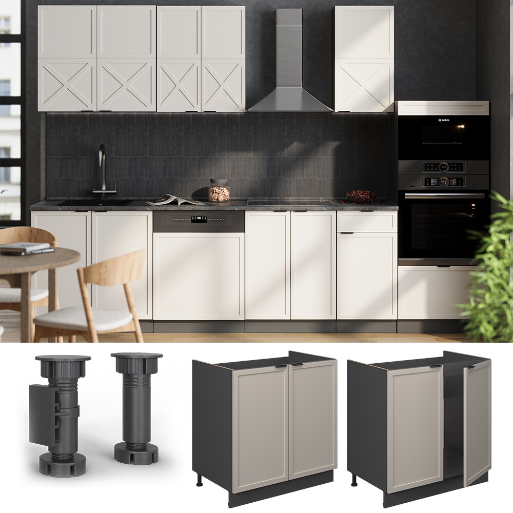 Vicco Spülenunterschrank Fame-Line Anthrazit Grau-Beige gerahmt 80 cm mit Arbeitsplatte Anthrazit