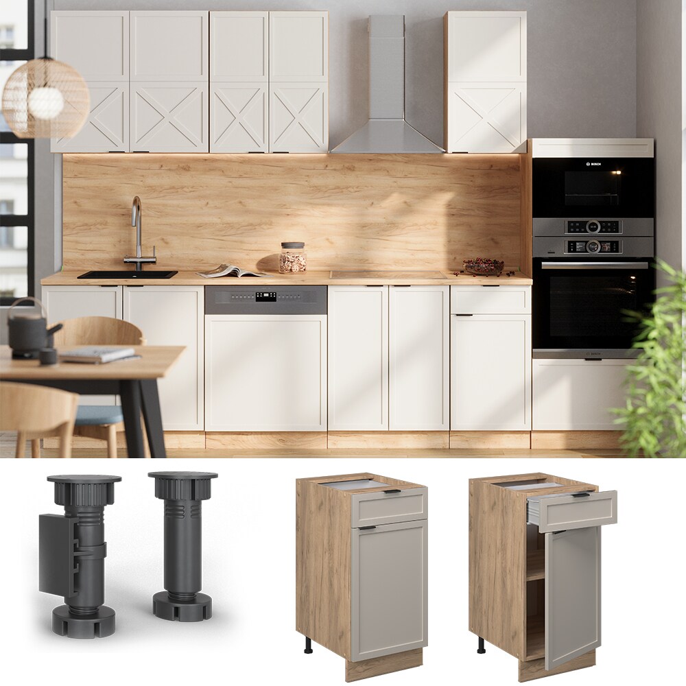 Vicco Schubunterschrank Fame-Line Eiche Grau-Beige gerahmt 40 cm mit Arbeitsplatte Eiche