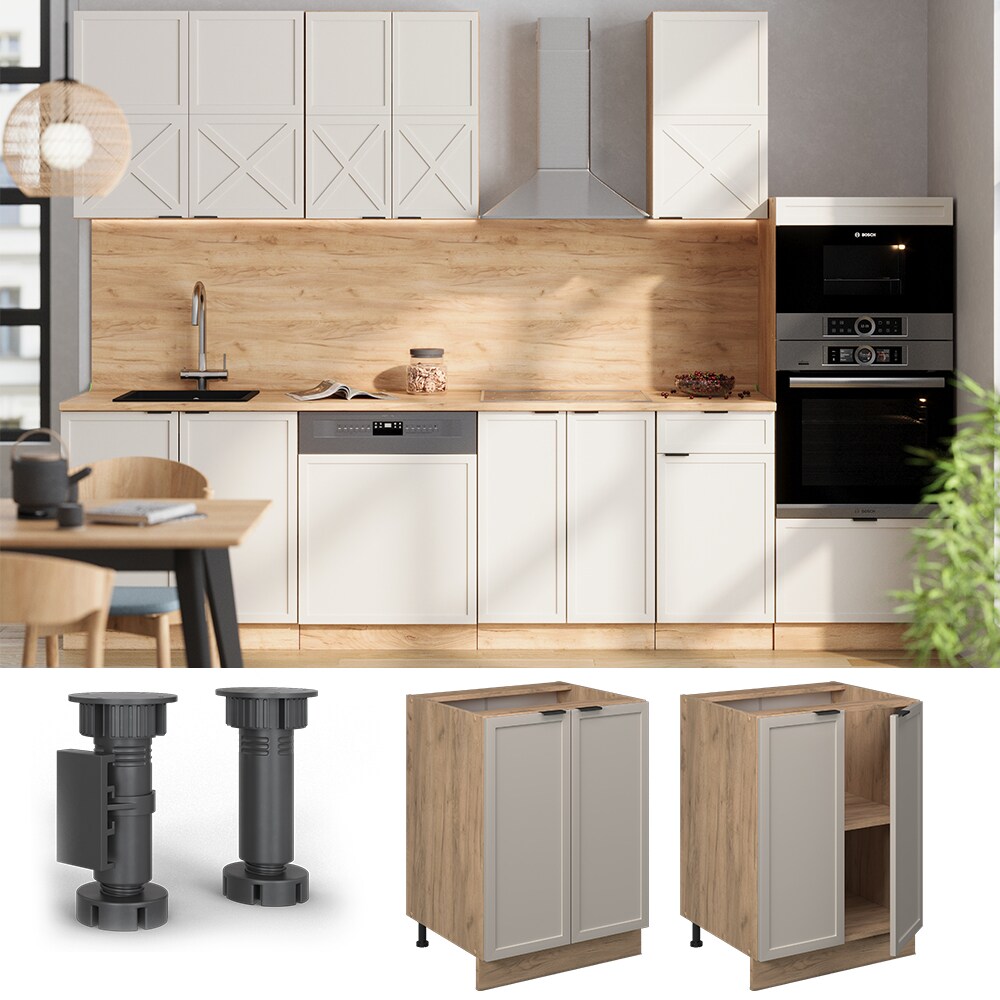 Vicco Unterschrank Fame-Line Eiche Grau-Beige gerahmt 60 cm mit Arbeitsplatte Eiche