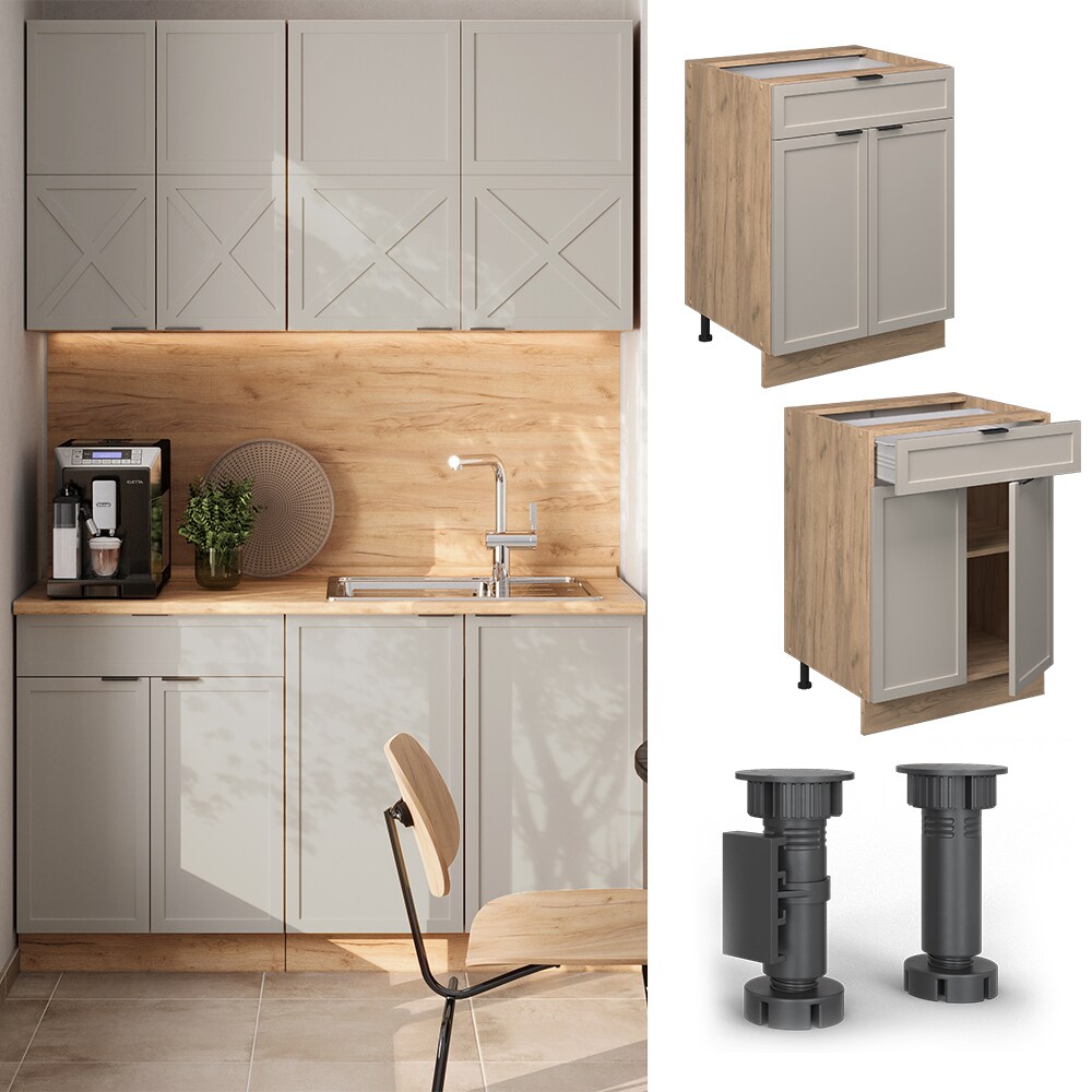 Vicco Schubunterschrank Fame-Line Eiche Grau-Beige gerahmt 60 cm mit Arbeitsplatte Anthrazit