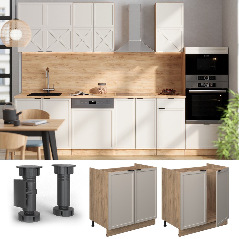 Vicco Spülenunterschrank Fame-Line Eiche Grau-Beige gerahmt 80 cm mit Arbeitsplatte Eiche
