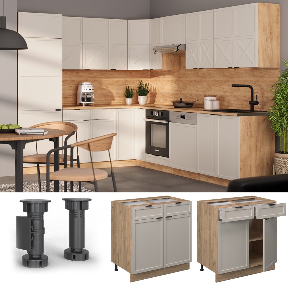 Vicco Schubunterschrank Fame-Line Eiche Grau-Beige gerahmt 80 cm mit Arbeitsplatte Eiche