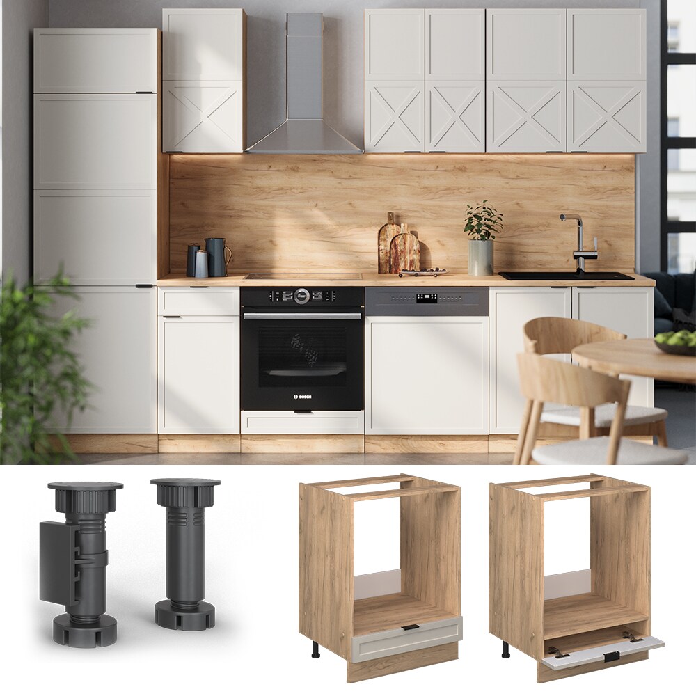 Vicco Herdumbauschrank Fame-Line Eiche Grau-Beige gerahmt 60 cm mit Arbeitsplatte Marmor-Weiß