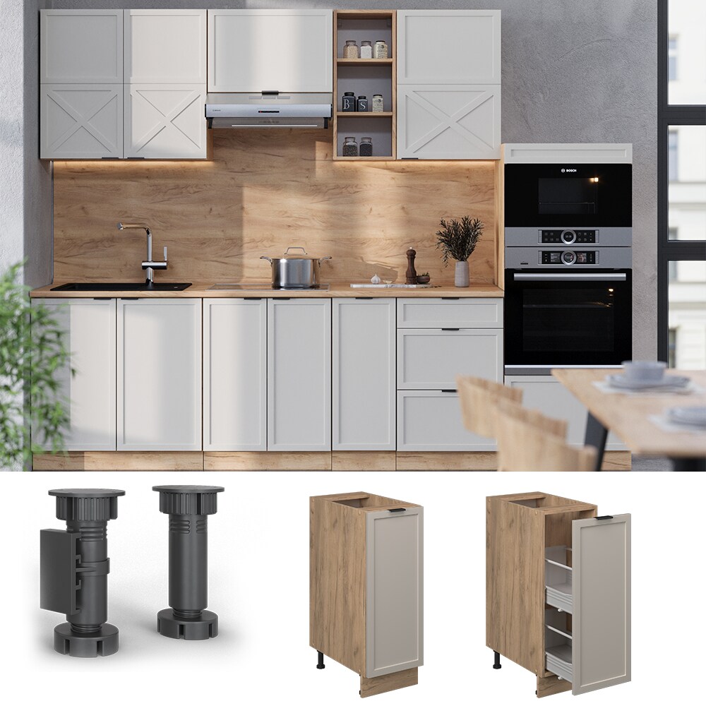 Vicco Apothekerunterschrank Fame-Line Eiche Grau-Beige gerahmt 30 cm mit Arbeitsplatte Eiche