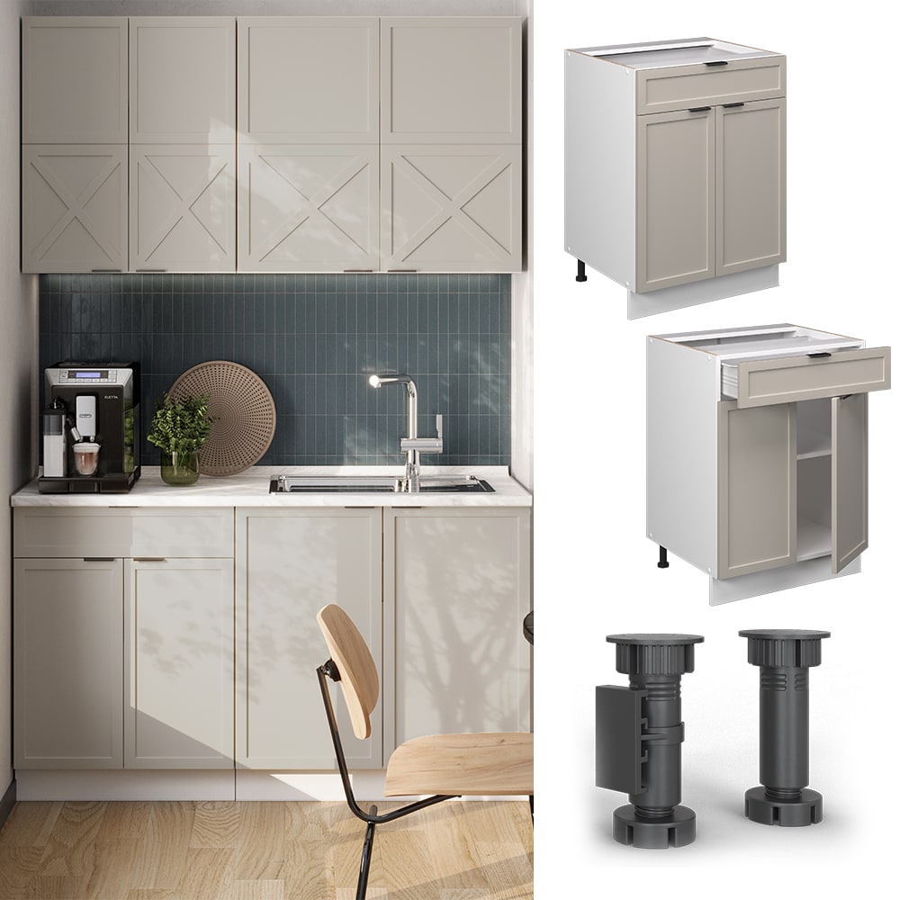 Vicco Schubunterschrank Fame-Line Wei&szlig; Grau-Beige gerahmt 60 cm mit Arbeitsplatte Marmor-Wei&szlig; - Bild 1