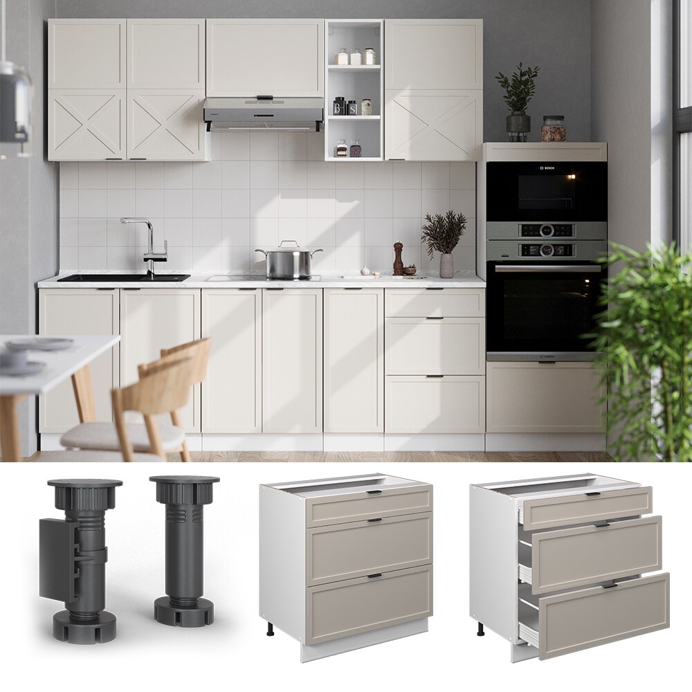 Vicco Schubladenunterschrank Fame-Line Weiß Grau-Beige gerahmt 80 cm mit Arbeitsplatte Eiche
