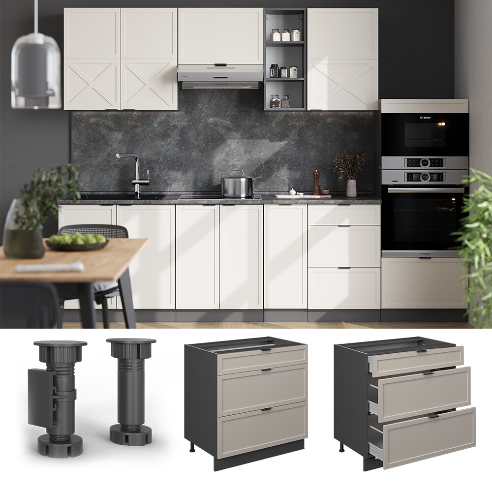 Vicco Schubladenunterschrank Fame-Line Anthrazit Grau-Beige gerahmt 80 cm mit Arbeitsplatte Eiche