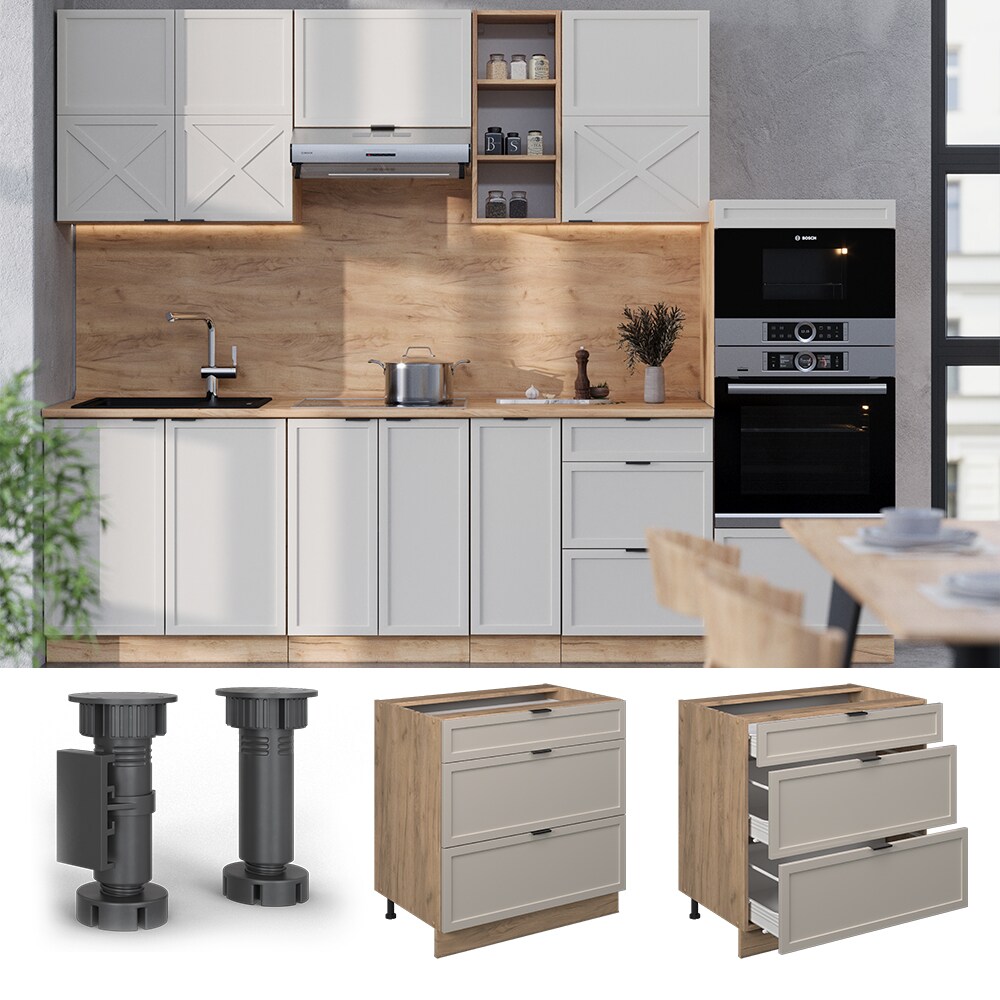 Vicco Schubladenunterschrank Fame-Line Eiche Grau-Beige gerahmt 80 cm mit Arbeitsplatte Anthrazit