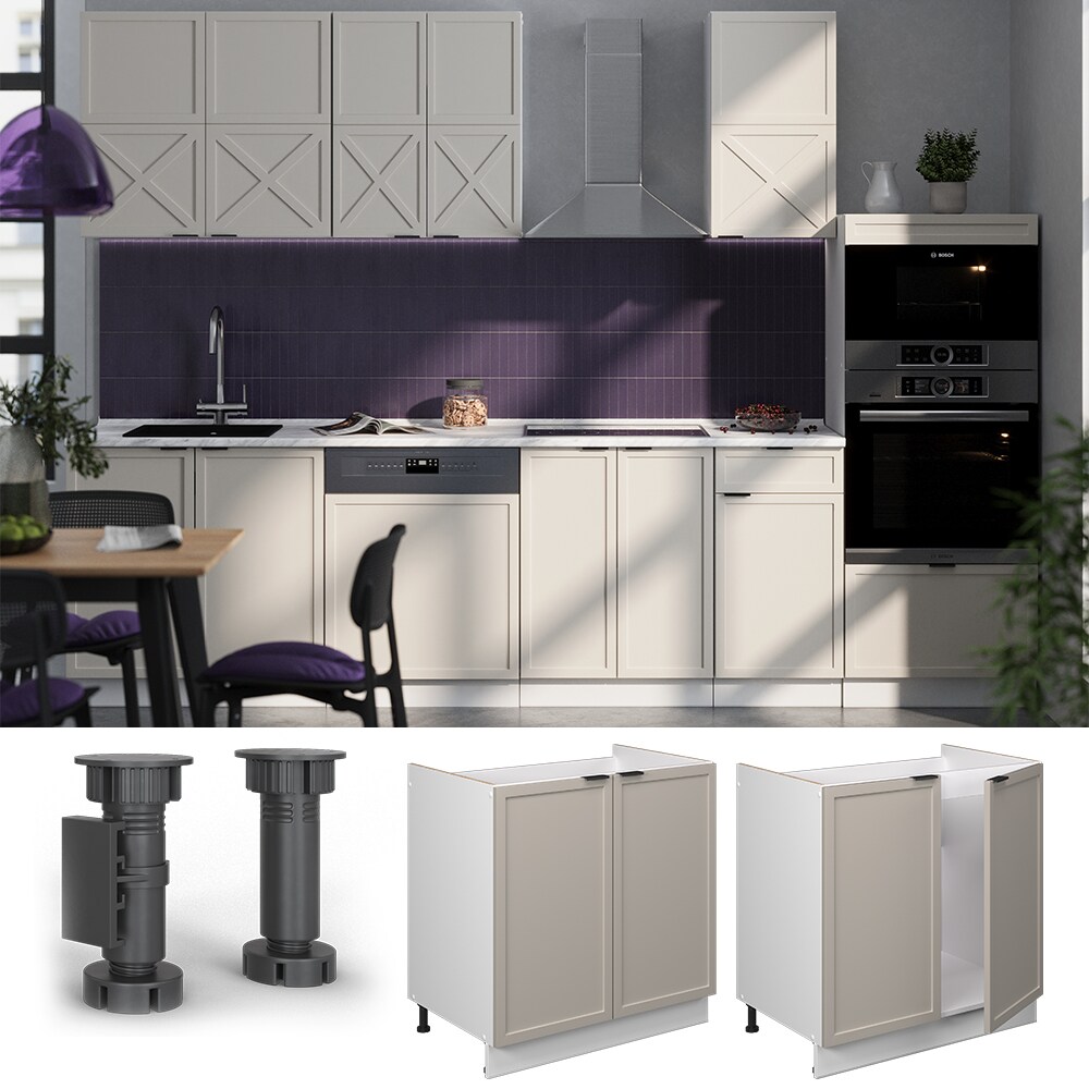 Vicco Spülenunterschrank Fame-Line Weiß Grau-Beige gerahmt 80 cm mit Arbeitsplatte Marmor-Weiß
