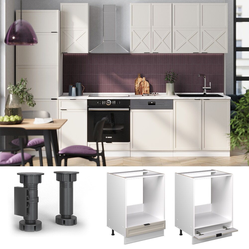 Vicco Herdumbauschrank Fame-Line Weiß Grau-Beige gerahmt 60 cm mit Arbeitsplatte Eiche