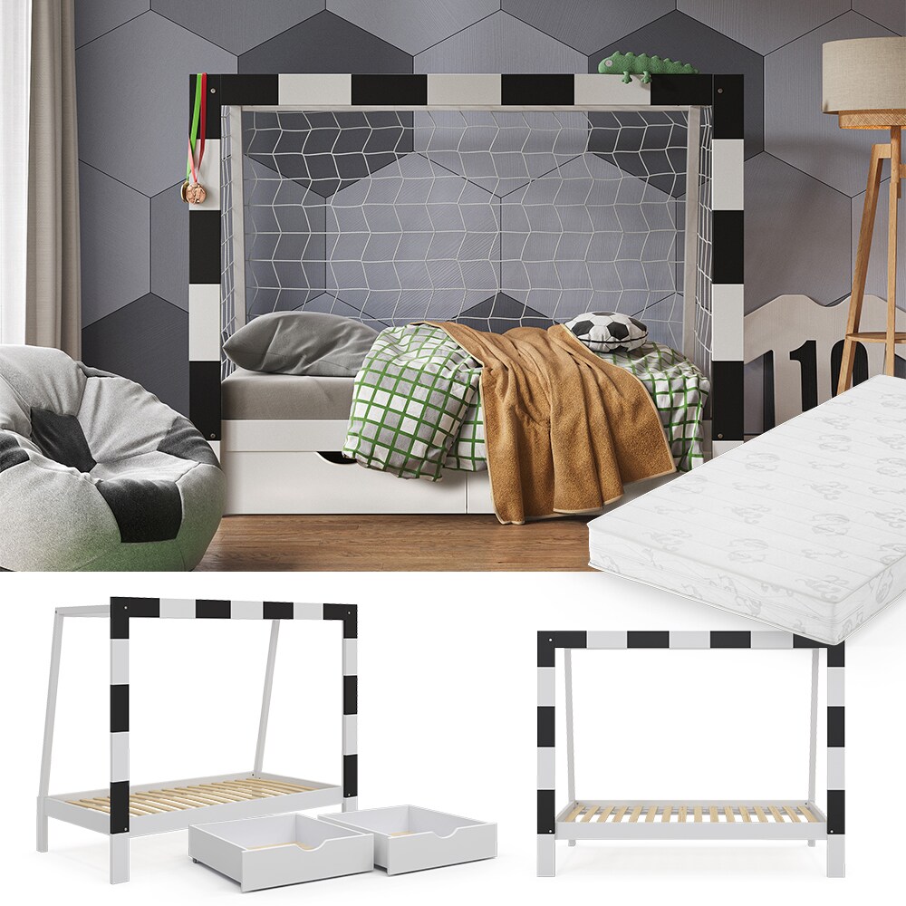 Vitalispa Kinderbett Fu&szlig;balltor Wei&szlig; mit Schublade und Matratze - Bild 1