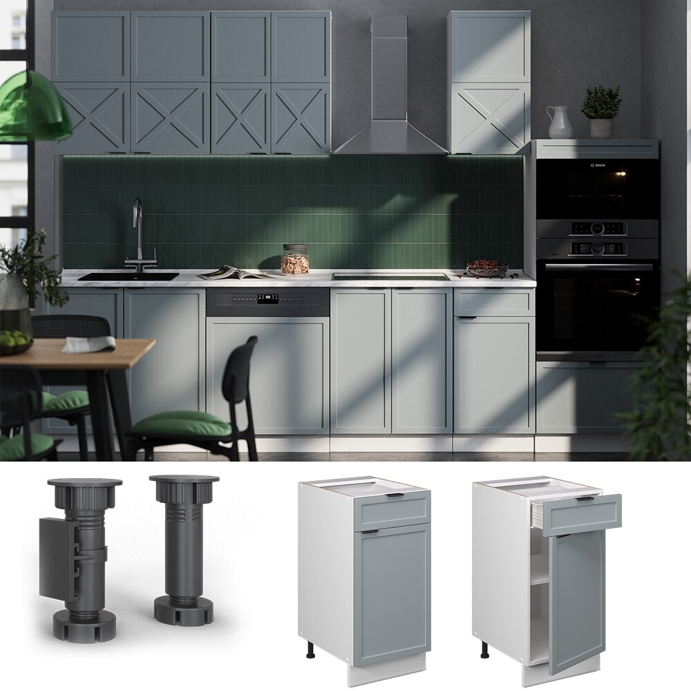 Vicco Schubunterschrank Fame-Line Weiß Hellblau-Grau gerahmt 40 cm mit Arbeitsplatte Eiche
