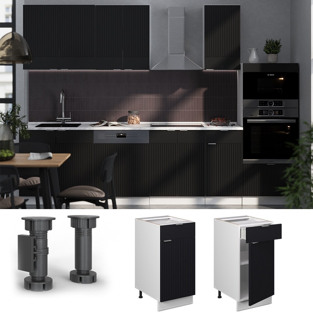 Vicco Schubunterschrank Fame-Line Weiß Schwarz gestreift 40 cm mit Arbeitsplatte Marmor-Weiß