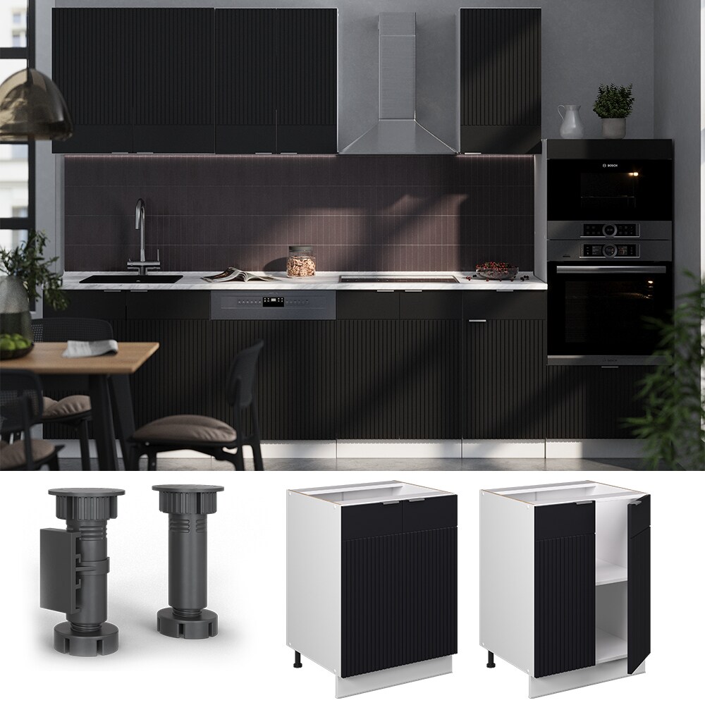Vicco Unterschrank Fame-Line Weiß Schwarz gestreift 60 cm mit Arbeitsplatte Eiche