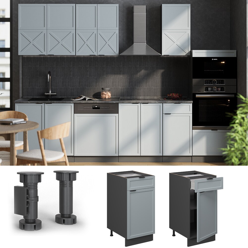 Vicco Schubunterschrank Fame-Line Anthrazit Hellblau-Grau gerahmt 40 cm mit Arbeitsplatte Eiche