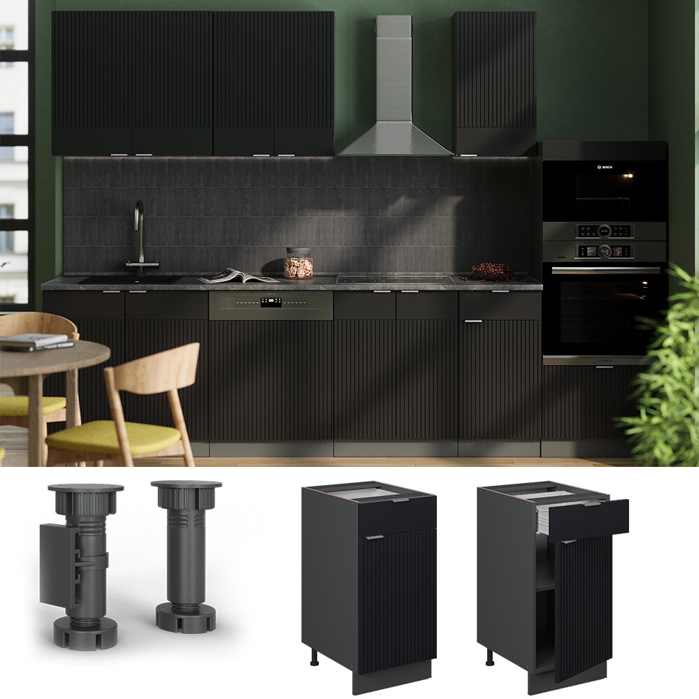 Vicco Schubunterschrank Fame-Line Anthrazit Schwarz gestreift 40 cm mit Arbeitsplatte Marmor-Weiß