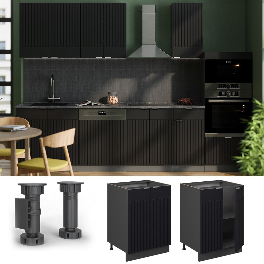 Vicco Unterschrank Fame-Line Anthrazit Schwarz gestreift 60 cm mit Arbeitsplatte Eiche