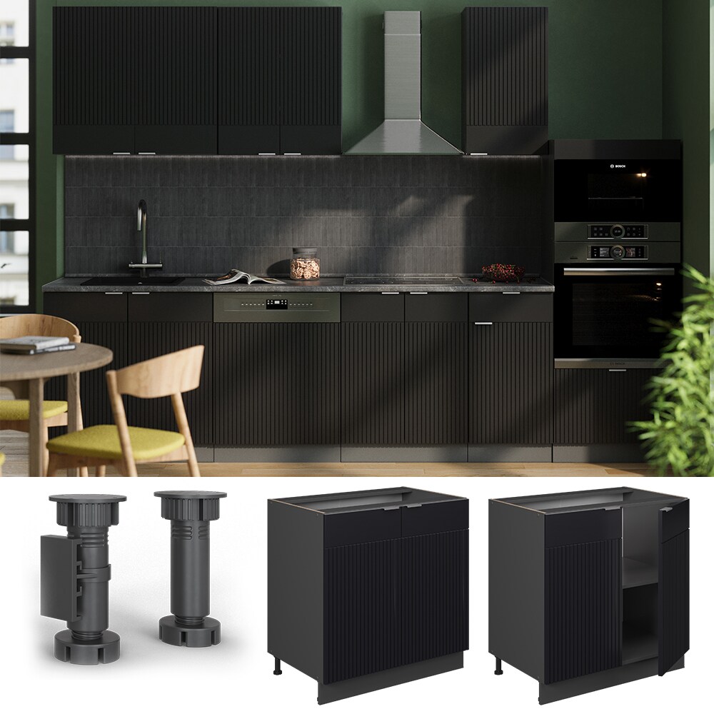 Vicco Unterschrank Fame-Line Anthrazit Schwarz gestreift 80 cm mit Arbeitsplatte Eiche