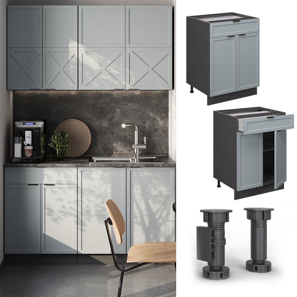 Vicco Schubunterschrank Fame-Line Anthrazit Hellblau-Grau gerahmt 60 cm mit Arbeitsplatte Marmor-Weiß