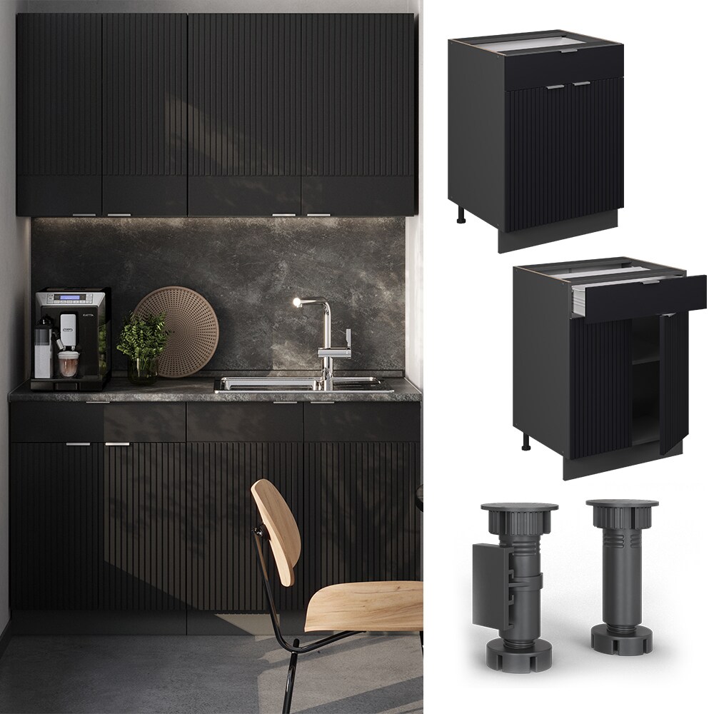 Vicco Schubunterschrank Fame-Line Anthrazit Schwarz gestreift 60 cm mit Arbeitsplatte Eiche