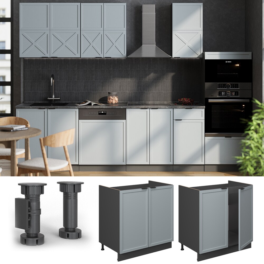 Vicco Spülenunterschrank Fame-Line Anthrazit Hellblau-Grau gerahmt 80 cm mit Arbeitsplatte Eiche