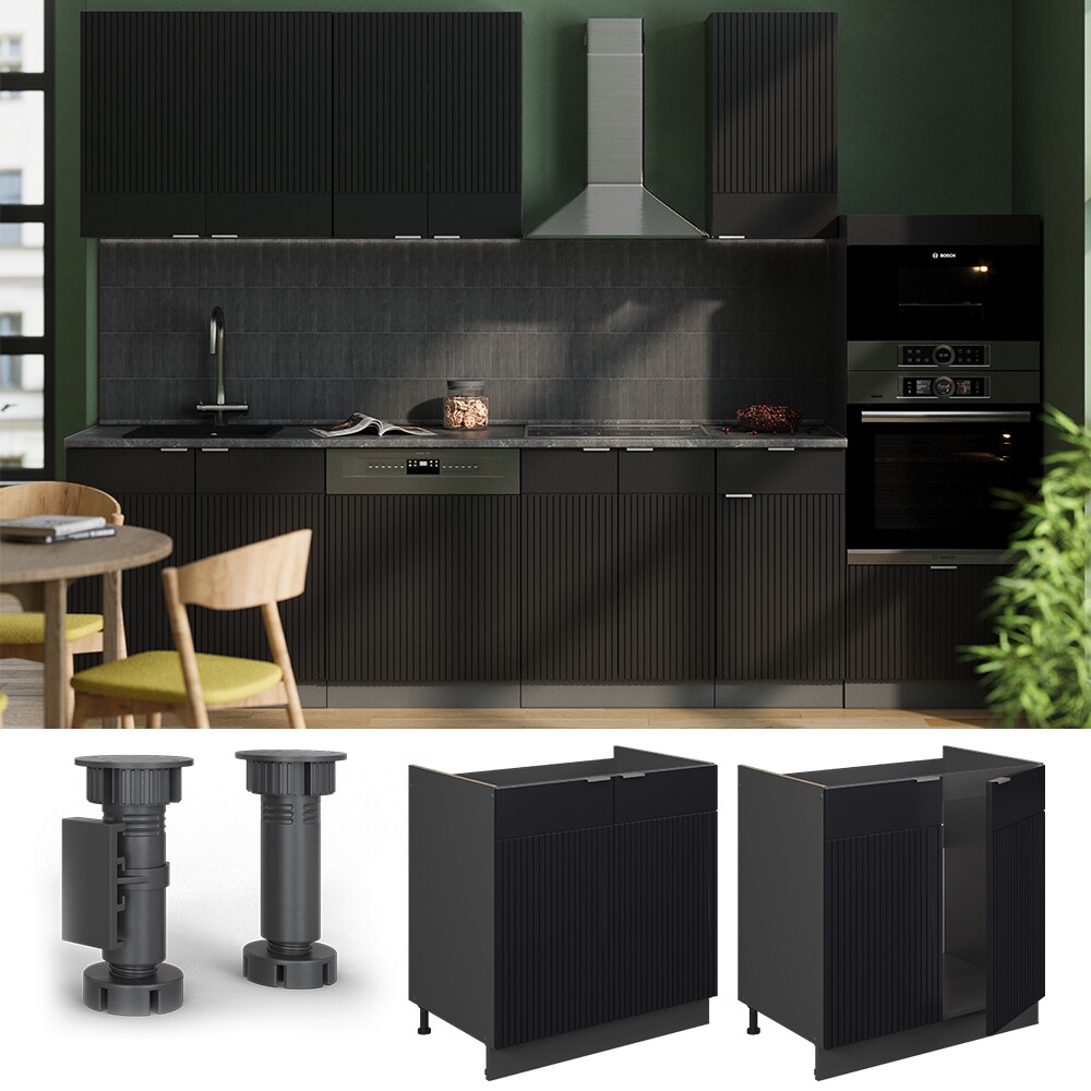 Vicco Spülenunterschrank Fame-Line Anthrazit Schwarz gestreift 80 cm mit Arbeitsplatte Eiche