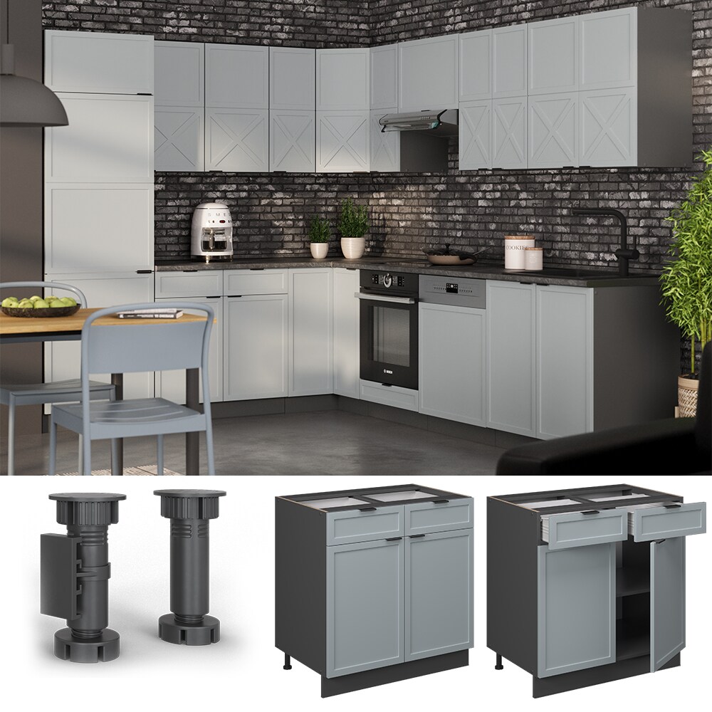 Vicco Schubunterschrank Fame-Line Anthrazit Hellblau-Grau gerahmt 80 cm mit Arbeitsplatte Eiche